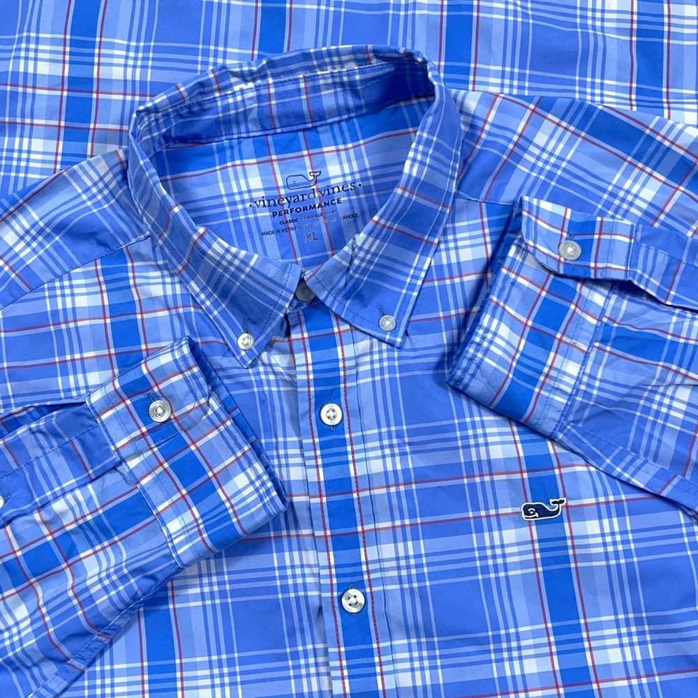 Vineyard Vines Shirt Men XL Blue Plaid Performance Button Up‎ Nylon Classic Fit